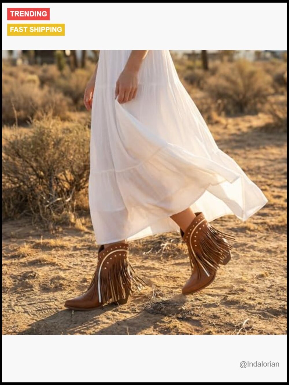 Pointed Toe Cowgirl Boots with Fringe Ankle Booties Block Heel PU Leather - Picture 4 of 7